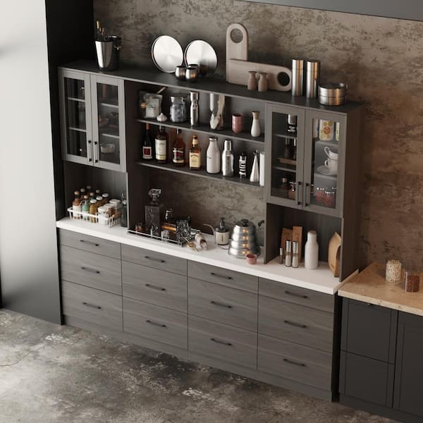 Gray Wooden Grain Wooden 94.5 in. W Food Pantry Cabinet with 12-Drawer, 8-Shelf and White Thickened Large Tabletop