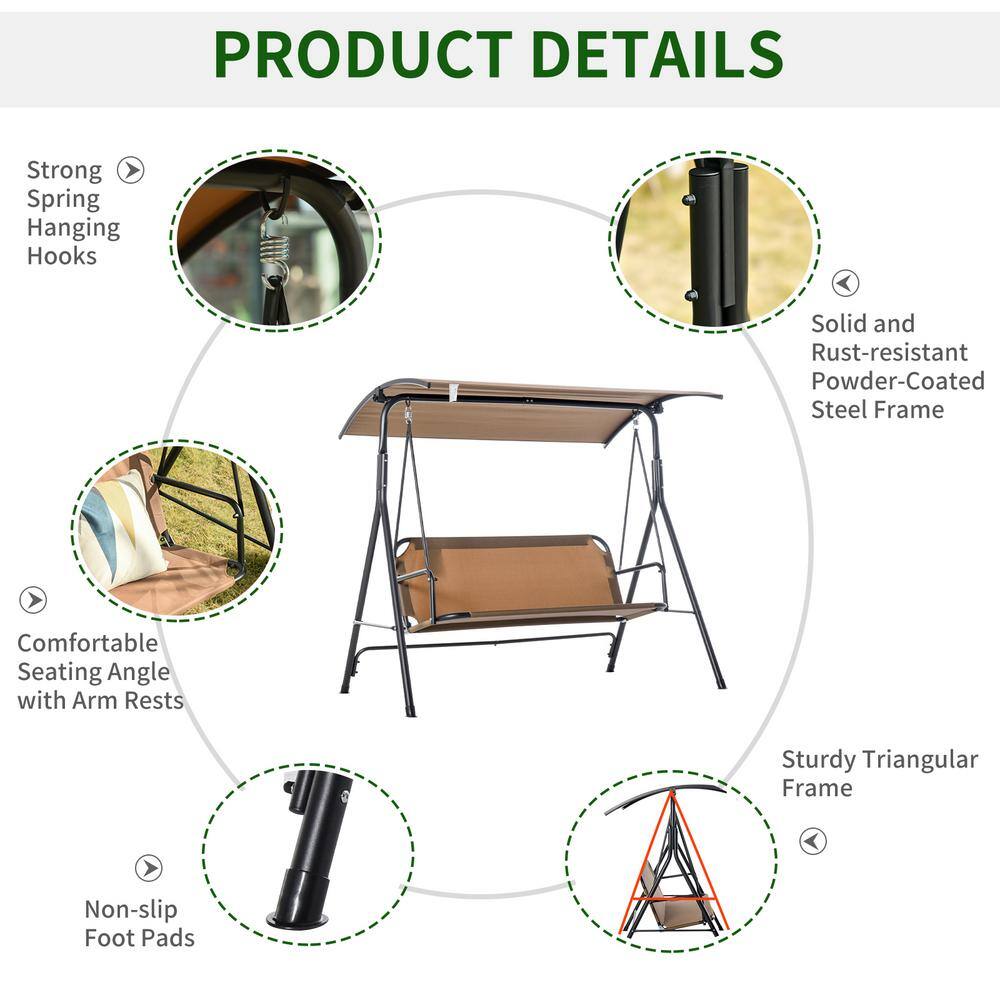 Brown 3-Person Outdoor Patio Swing with Adjustable Canopy