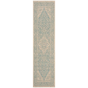 Beach House Aqua/Cream 2 ft. x 8 ft. Oriental Indoor/Outdoor Patio  Runner Rug