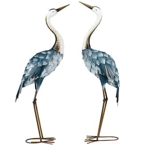 Crane Garden Statues, 28.5 in. and 29 in. Standing Bird Sculptures, Metal Yard Art Decor, Set of 2, Blue and White