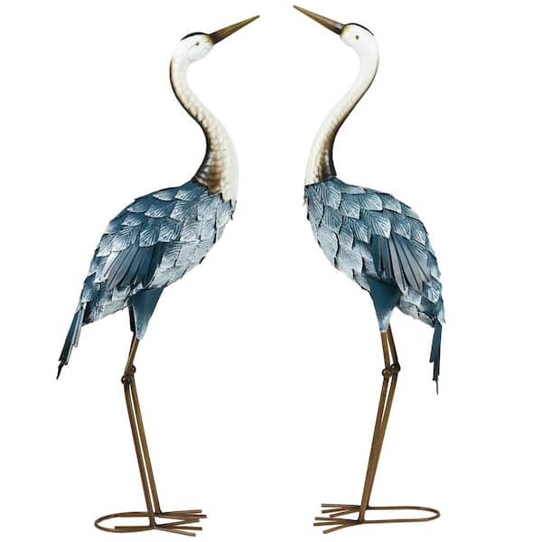 Outsunny Crane Garden Statues, 28.5 in. and 29 in. Standing Bird Sculptures, Metal Yard Art Decor, Set of 2, Blue and White