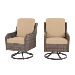 Windsor Brown Wicker Outdoor Patio Swivel Dining Chair with Sunbrella Beige Tan Cushions (2-Pack)