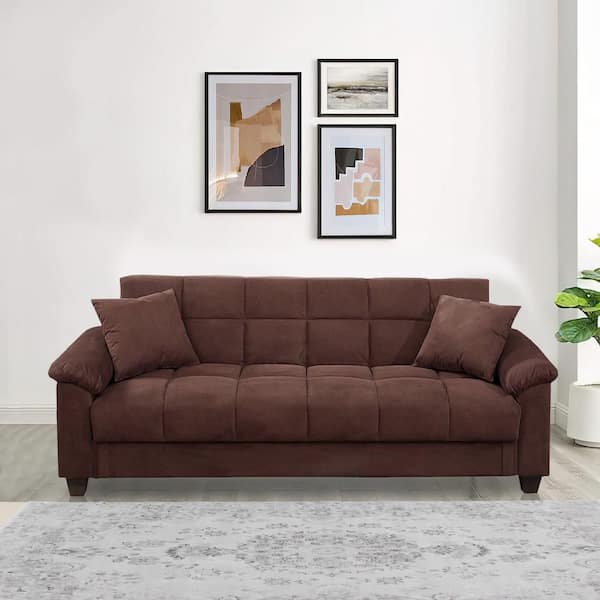 Choco Brown Padded Arms Microfiber Fabric Upholstery Contemporary Style Adjustable Sofa With 2-Pillows