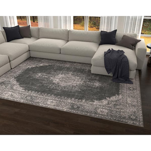 Cayetana Gray 10 ft. x 14 ft. Vintage Persian Machine Washable Area Rug