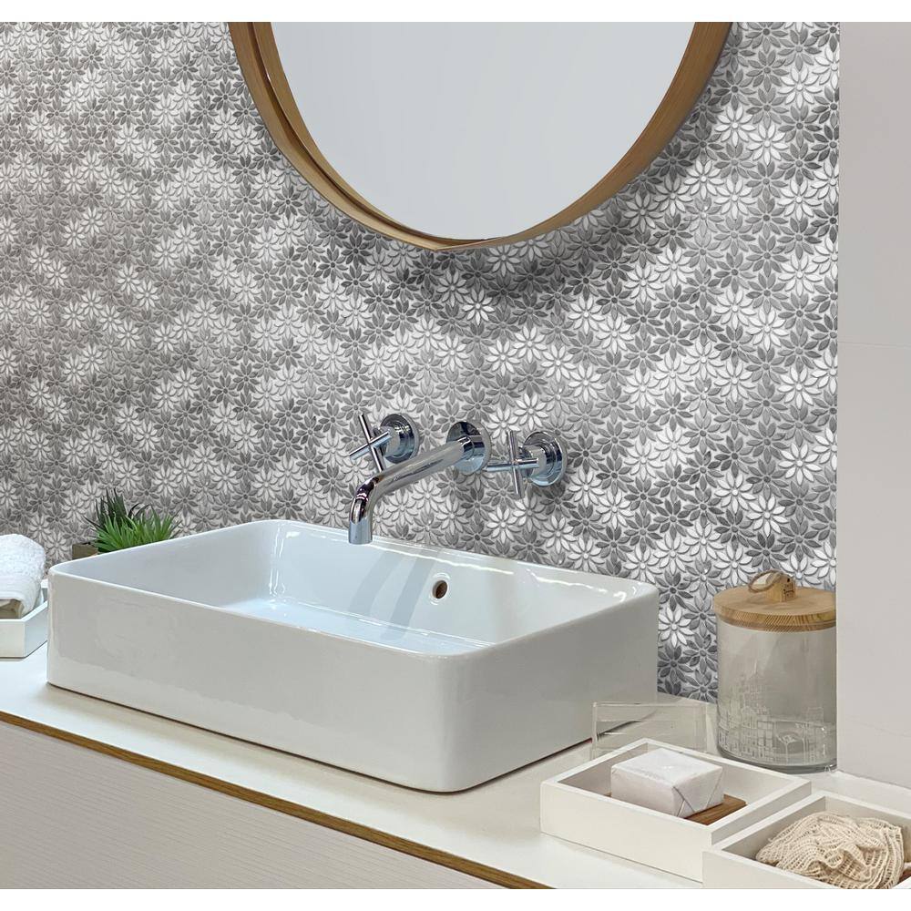 Gray and White Floral Polished Marble Mosaic Tile 11x12