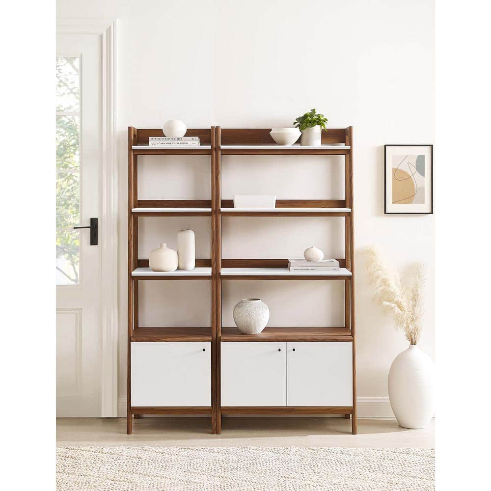 Walnut White Tiered Wood Bookshelves with Concealed Storage