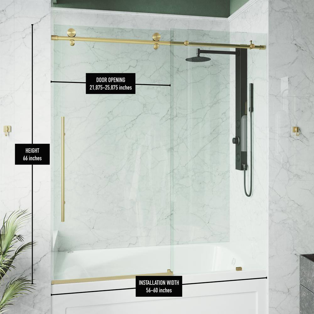 Elan E-Class 56-60" Matte Gold Frameless Sliding Tub Door with Clear Glass