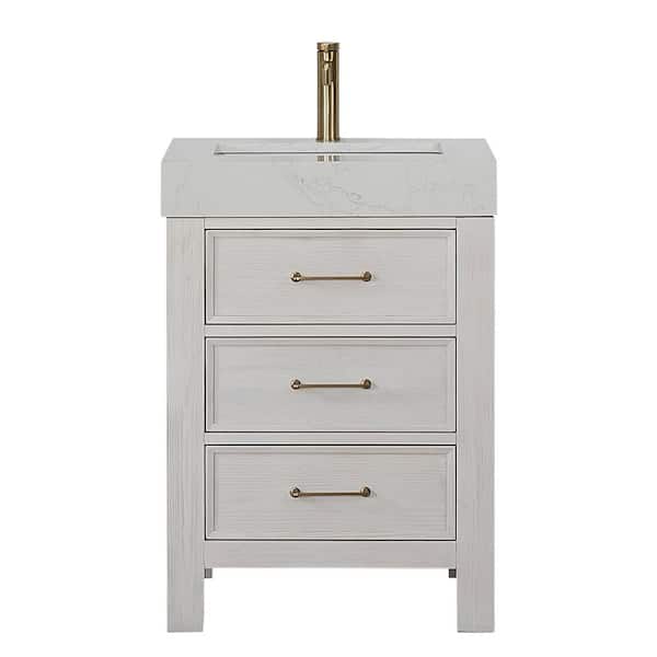 Leon 24 in. W x 22 in. D x 34 in. H Single Freestanding Bath Vanity in Washed White with White Composite Stone Top