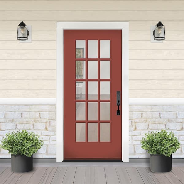 Reliant 32 in. x 80 in. Full Lite 15L SDL Clear Glass LHIS Morocco Red Finish Fiberglass Prehung Front Door 4-9/16 Jamb