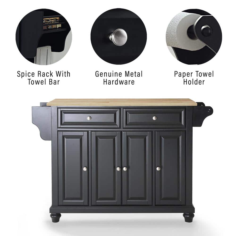 Cambridge 46" Black Kitchen Island with Natural Wood Top and Storage
