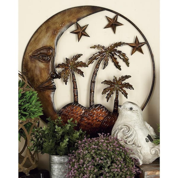 Litton Lane 21 in. x 21 in. Metal Copper Indoor Outdoor Moon Wall Decor with Stars and Palm Tree