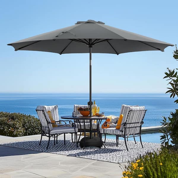 dark grey patio umbrella PASAMIC 9 ft. Market Patio Umbrella with Base and Push Button Tilt in Dark Grey