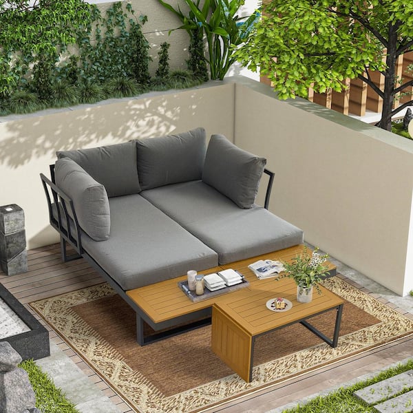Unbranded Aluminum Outdoor Patio L Shape Sectional Sofa Set with Plastic Wood Side Table and Gray Cushions for Backyard Poolside