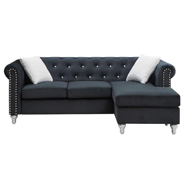 AndMakers Raisa 82 in. Black Round Arm L Shaped Velvet 3 Seater