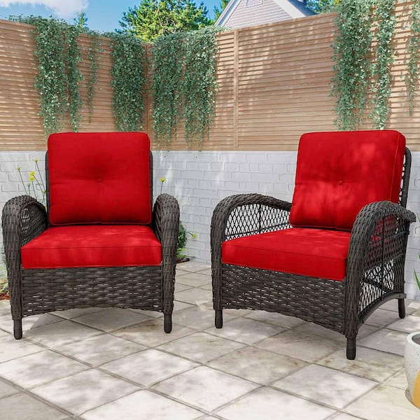 Wicker Outdoor Lounge Chair with Red Cushions (2-Pack)