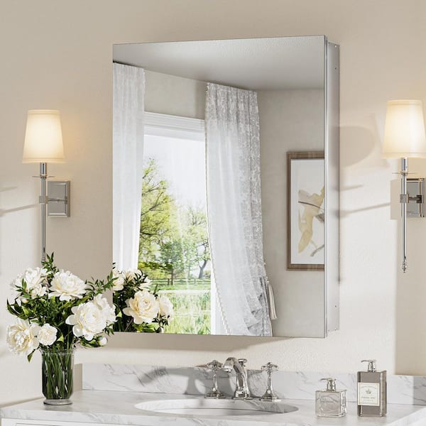 KeonJinn 20 in. W x 26 in. H Rectangular Frameless Aluminum Silver Recessed or Surface Mount Medicine Cabinet with Mirror