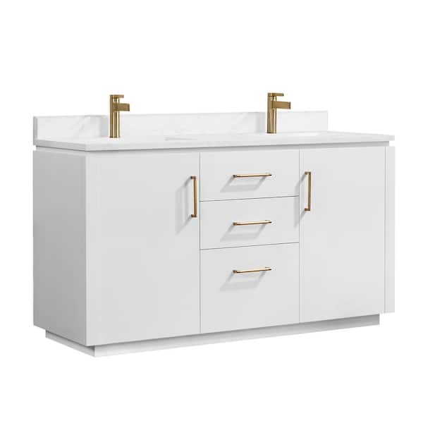 San 60 in. W x 22 in. D x 33.8 in. H Double Bath Vanity in White with White Grain Composite Stone Top