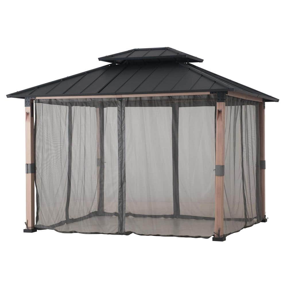 Black Steel 10x12 Hardtop Gazebo with Netting and LED Lights