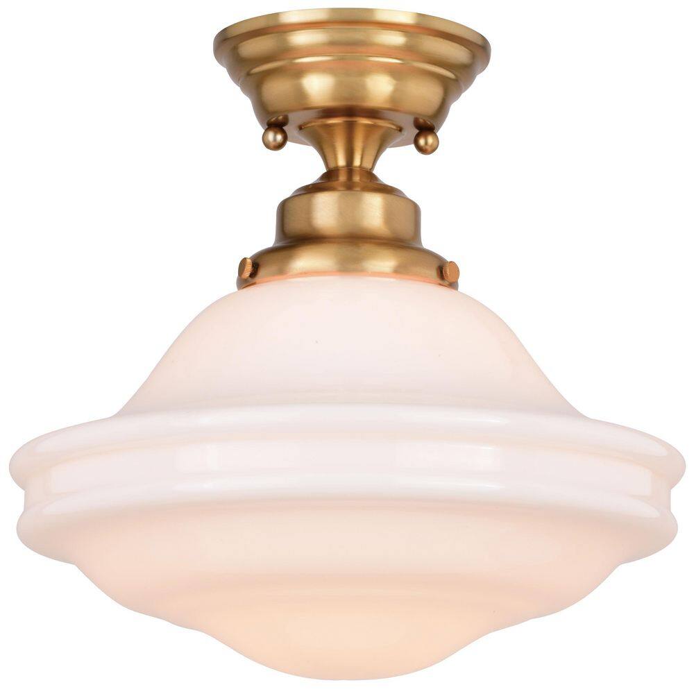 Huntley 12" Natural Brass and White Glass Semi-Flush Ceiling Light