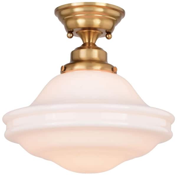 Huntley 12-in W Natural Brass Farmhouse Schoolhouse Semi Flush Mount Ceiling Light White Glass