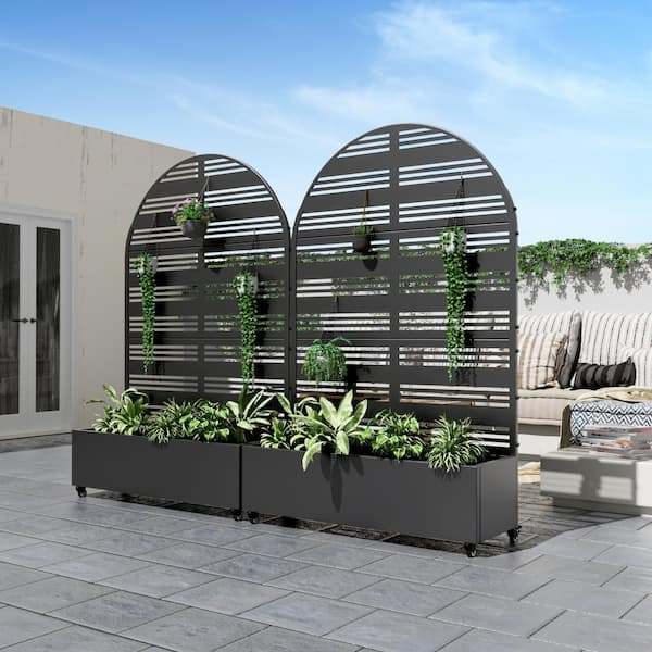 Dovelina Large 47 in. x 72 in. Arched Black Metal Raised Garden Bed Planter Box with Trellis and Caster