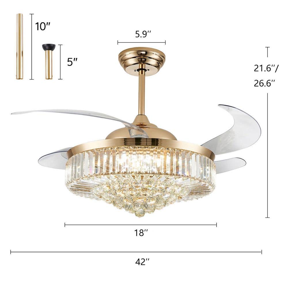 42-Inch Gold Crystal Retractable Ceiling Fan with LED Light and Remote