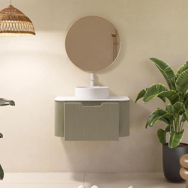 30 in. W x 19 in. D x 19 in. H Single Sink Wall-Mounted Bath Vanity in Light Green with White Engineered Marble Top