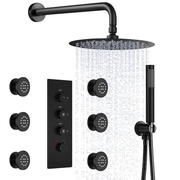 EVERSTEIN 7-Spray Patterns Shower System with 12 in. Wall Mount Dual Shower Heads in Matte Black (Valve Included)