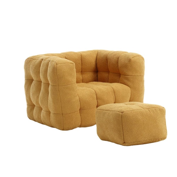 HOMEFUN Modern Yellow Boucle Round Square Bean Bag Accent Chair with Ottoman
