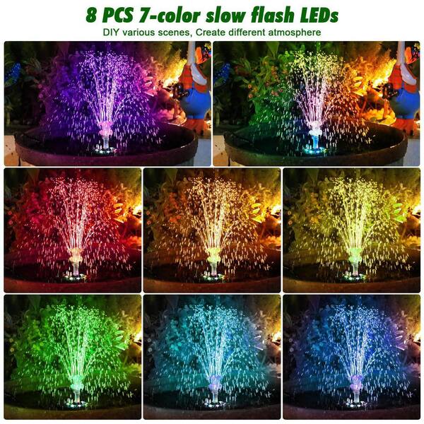 Solar Water Fountain With Nighttime LED Lights – 7.09 Inch, 200 L/H Pump, 6 Nozzles, Water Height 13.8-25.6 Inch, For Bird Bath, Garden Pond, Patio, With Auto On/Off & Anti-Dry Burn Protection