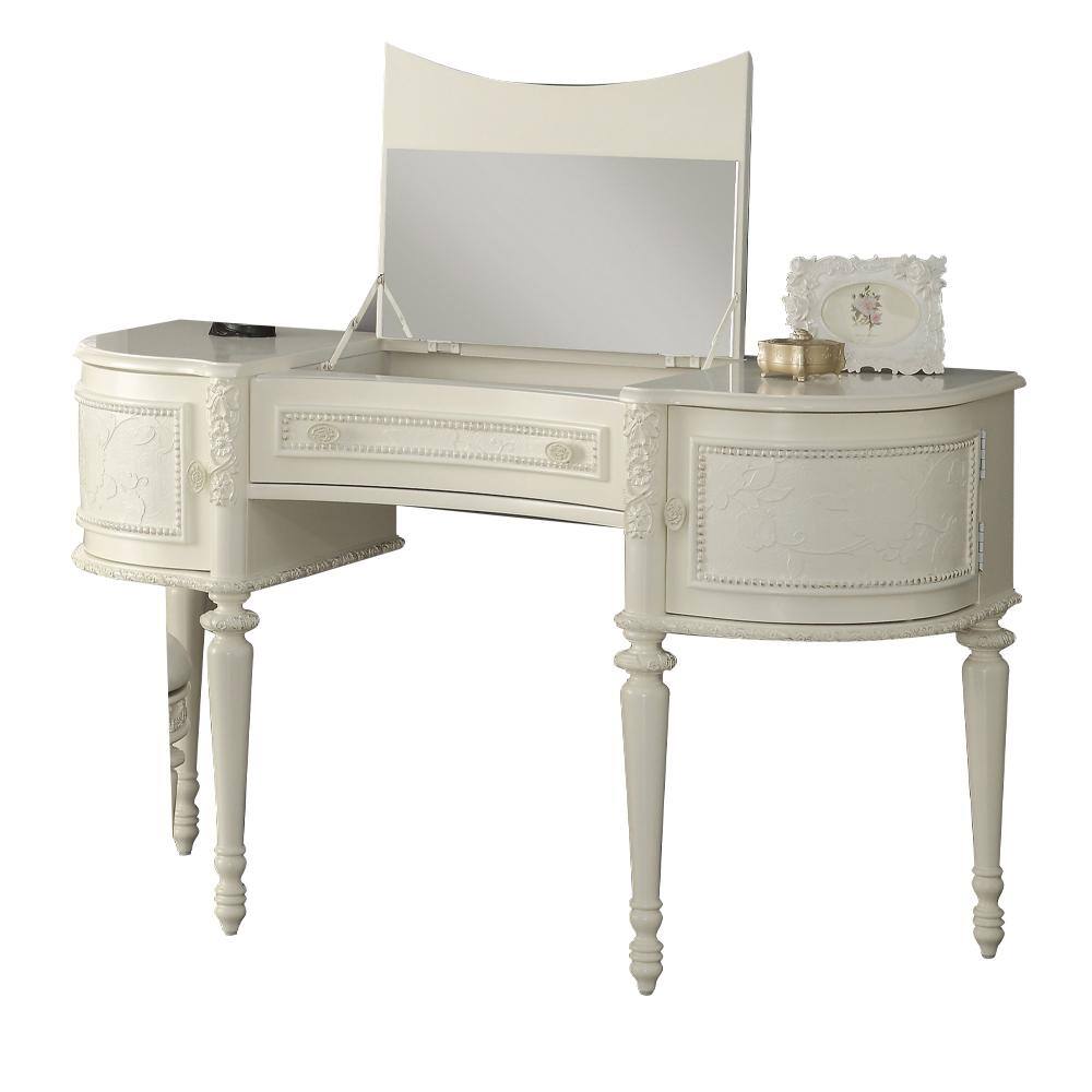 Ivory Pine Wood Vanity Desk with Mirror and Floral Trim