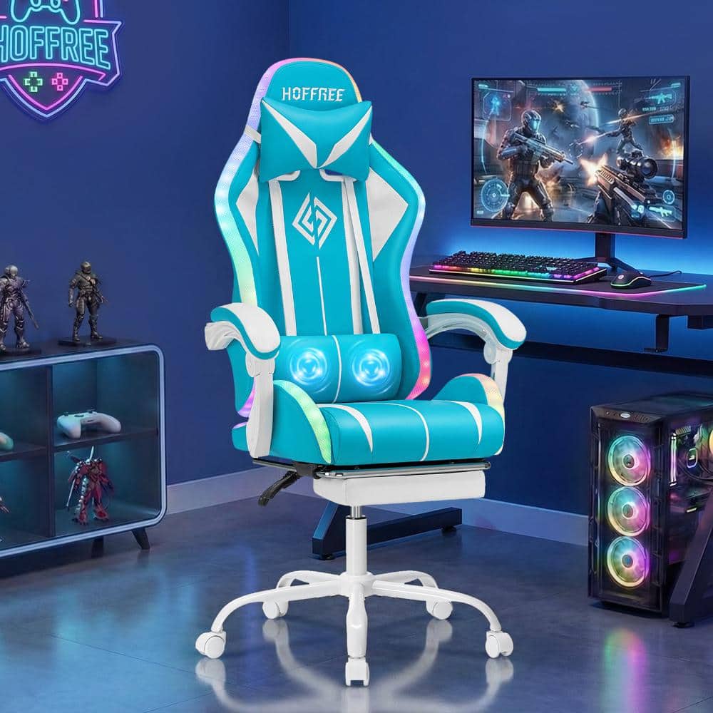 Faux Leather Massage Reclining Ergonomic Gaming Chair in Blue/White with LED Lights Adjustable Arms