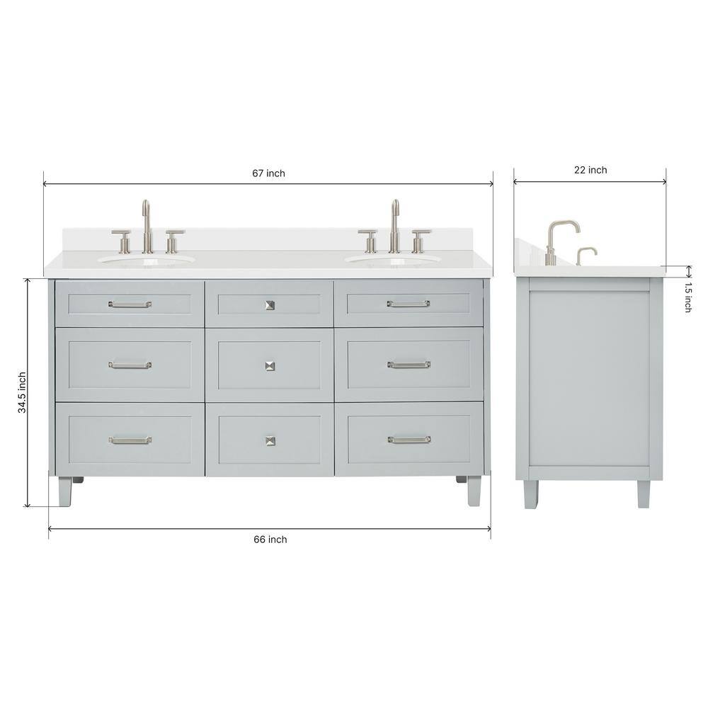 Monroe 67" Light Gray Wood Double Sink Vanity with White Quartz Top