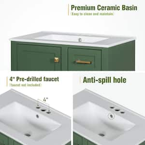 30 in. W Freestanding Single Sink Bath Vanity in Green with White Ceramic Sink Top with Storage Cabinet