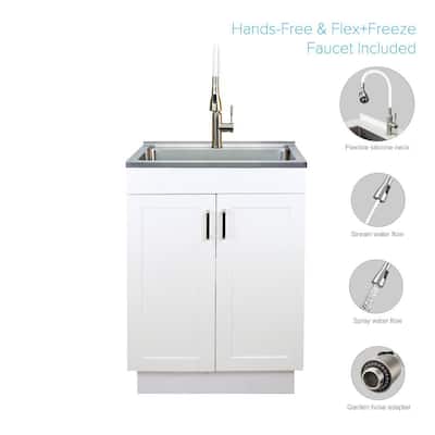 Transolid All In One 23 6 X 19 7 34 Stainless Steel Laundry Utility Sink And Wood Cabinet With Faucet White Tc 2420 Wc The Home Depot Stainless Steel Laundry Utility Sink, Laundry Sink Cabinet Combo