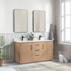 San 60 in.W x 22 in.D x 33.8 in.H Double Sink Bath Vanity in Fir Wood Brown with White Composite Stone Top