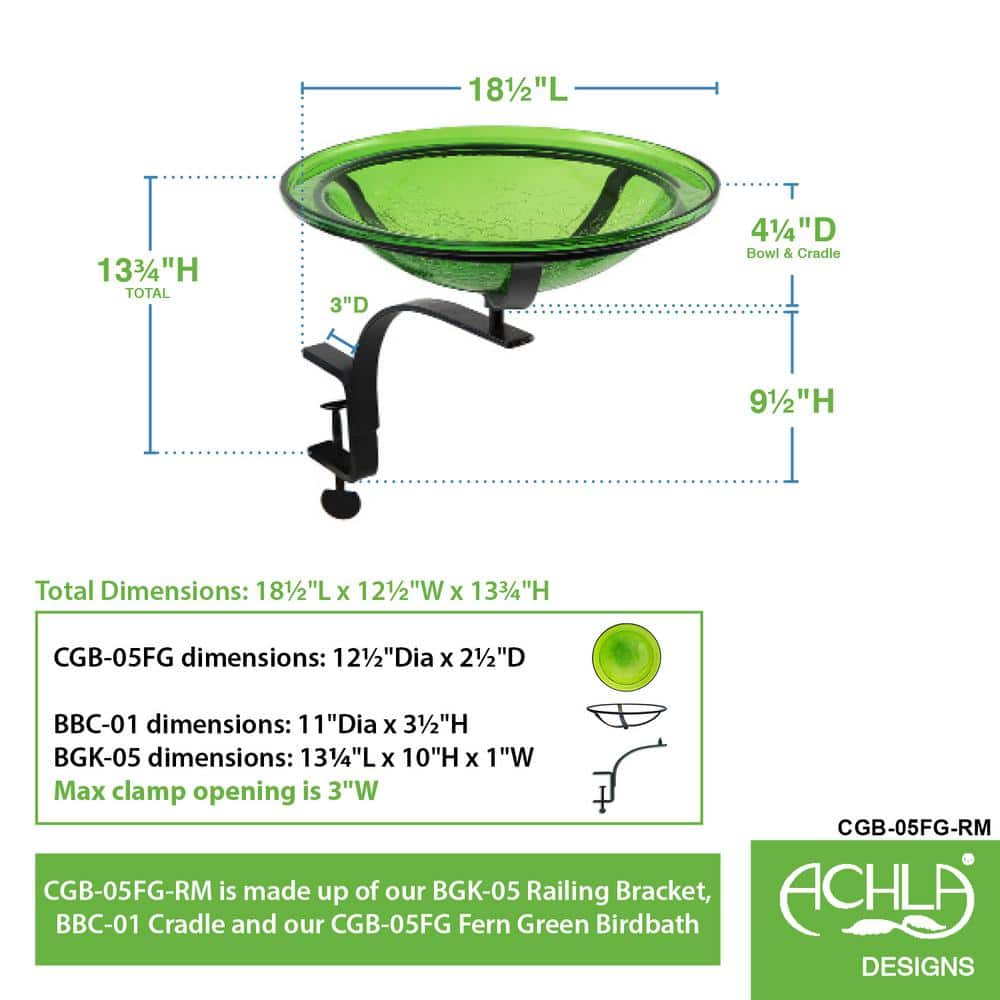 Fern Green Crackle Glass Birdbath with Rail Mount Bracket