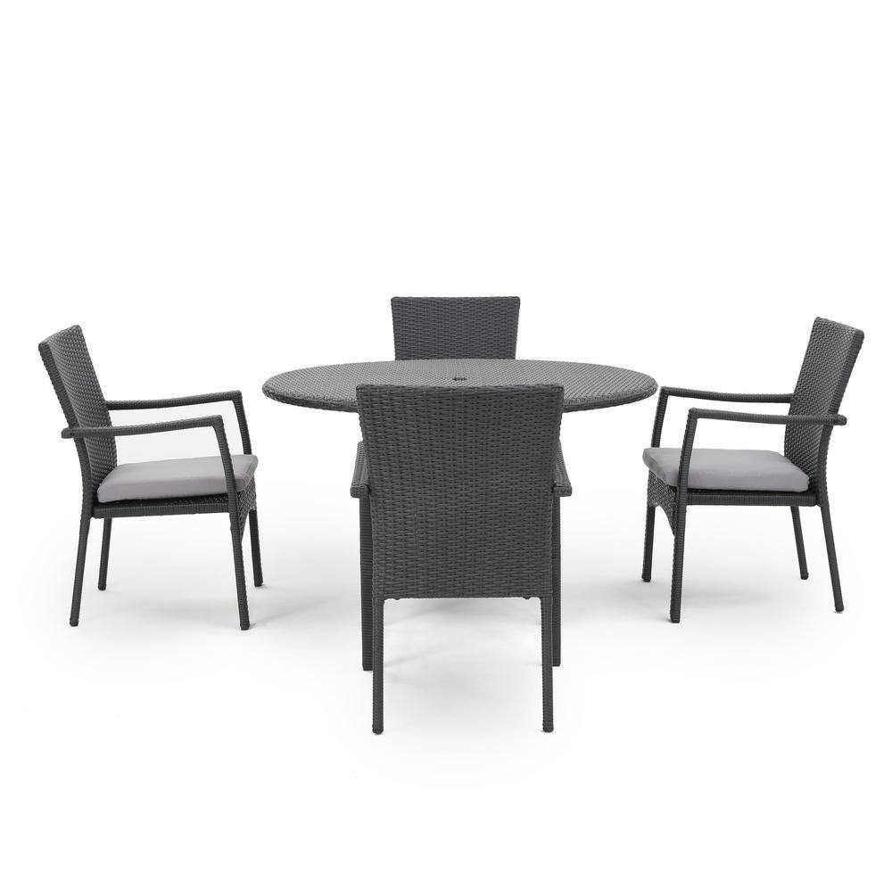 Noble House Graham Grey 5Piece Faux Rattan Round Outdoor Dining Set