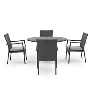 Graham Grey 5-Piece Faux Rattan Round Outdoor Dining Set with Gray Cushions