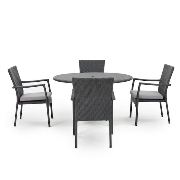 Noble House Graham Grey 5-Piece Faux Rattan Round Outdoor Patio Dining Set with Gray Cushions