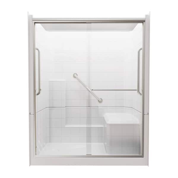 Freedom 60 in. x 33 in. x 77 in. Alcove Shower Kit in White, 3 Piece with Shower Door/Grab Bars in Nickel, Left Drain