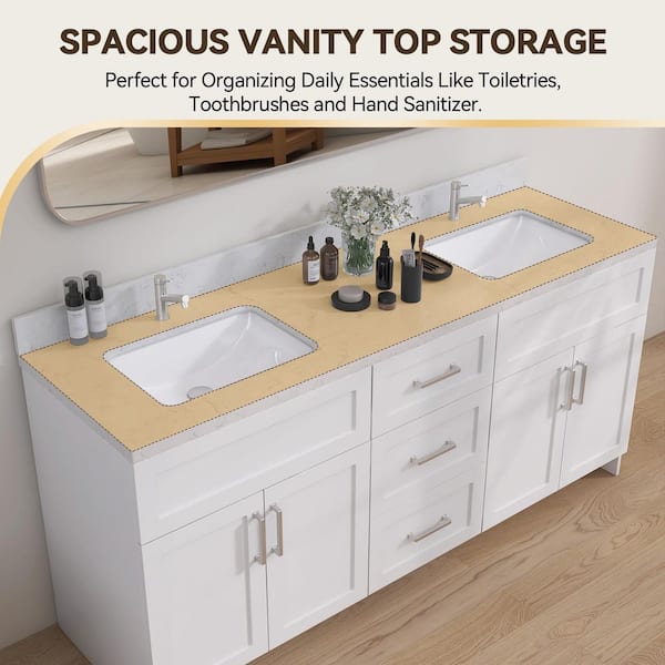 66 in. W x 22 in. D Engineered Stone Rectangular Double Sink Vanity Top in Carrara White with 4 in. H Backsplash