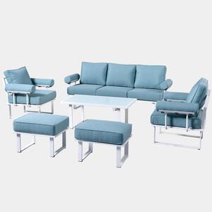 Teton Grand White 6-Piece Aluminum Outdoor Patio Conversation Sofa Set with Lake Blue Cushions