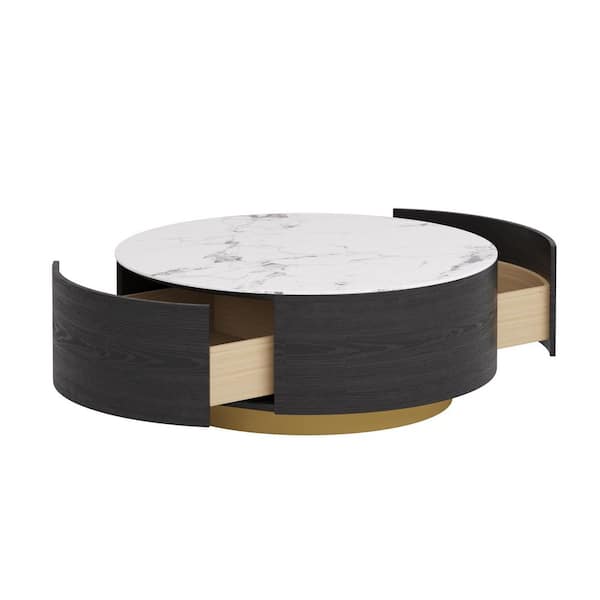 33 in. White and Black Round Storage Sintered Stone Drum Coffee Table with 2 Drawers for Apartment, Fully Assembled