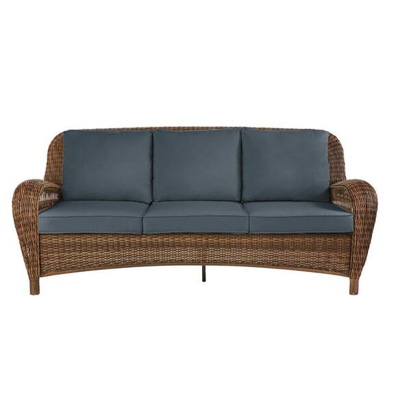 Hampton Bay Beacon Park Brown Wicker Outdoor Patio Sofa With Sunbrella Denim Blue Cushions H020 01212300 - Home Depot Patio Couch Cushions