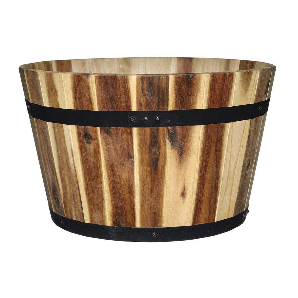 16-Inch Acacia Wood Whiskey Barrel Planter with Black Metal Bands
