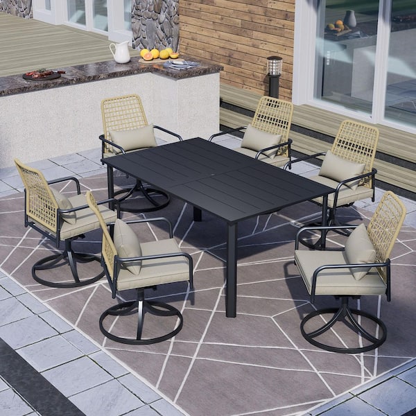 Anmutig 7-Piece Metal Outdoor Dining Set with Gray Cushion and Pillow
