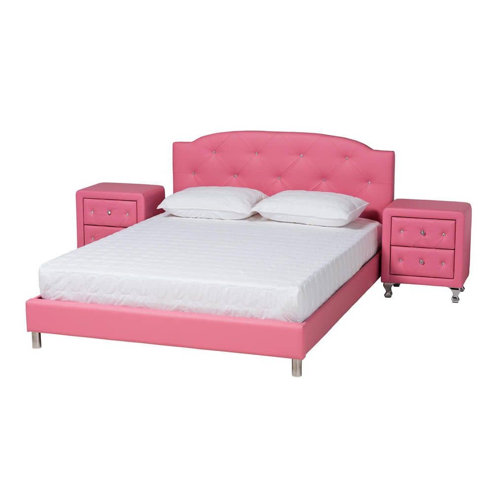 Pink Faux Leather Upholstered Full Size Bed with Nightstands