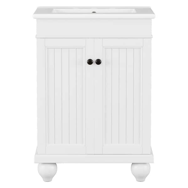 24 in. Single Sink Freestanding White Bath Vanity with White Ceramic Top, Adjustable Shelf