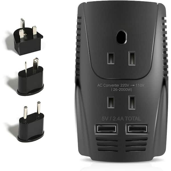 2-Outlet Travel Voltage Converter Step Down 220-Volt to 110-Volt with 2 USB Port and 10 Amp Power Adapter in Black